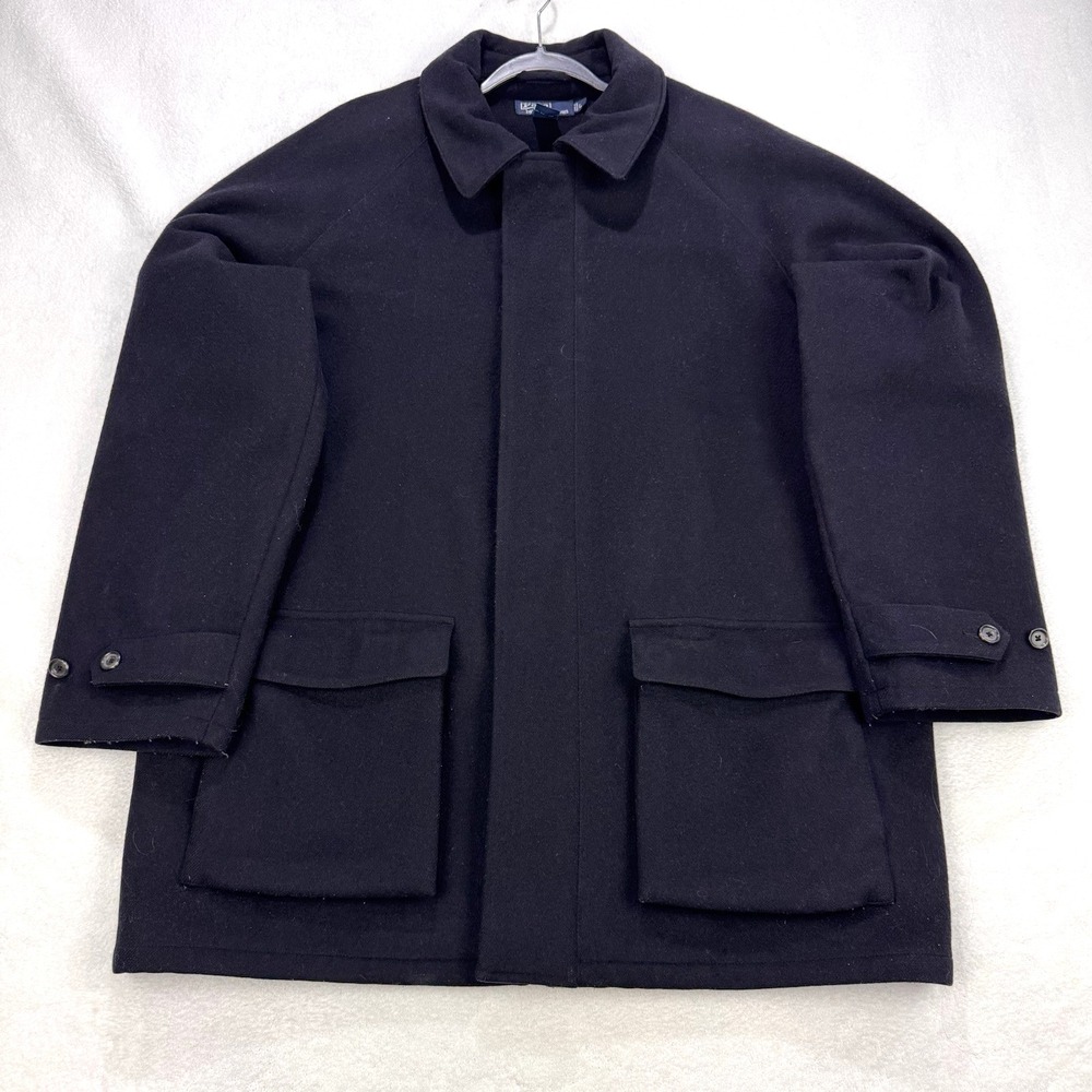 VTG Polo Ralph Lauren Wool Coat Men L Black Pea Coat Full Zip Lined Snap Vent